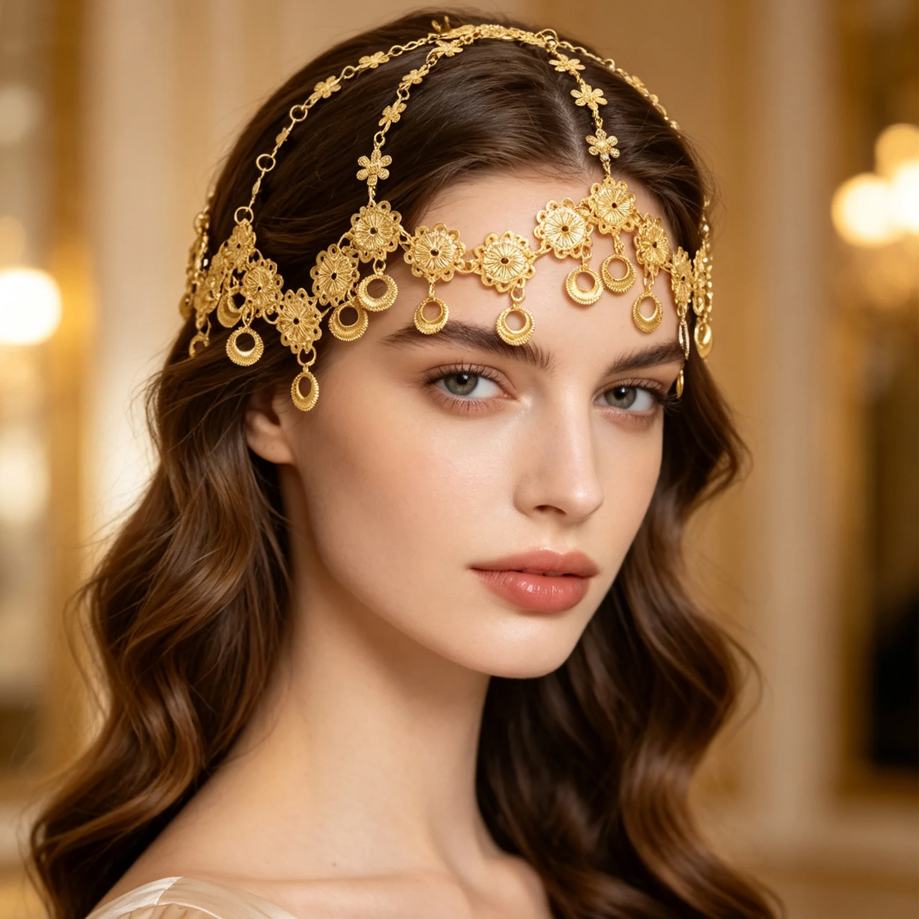 Fashionable Creative Arab Headwear Middle East Golden Alloy Flower Chain Geometry Tassel Bohemian Headdress Turkey India Jewelry