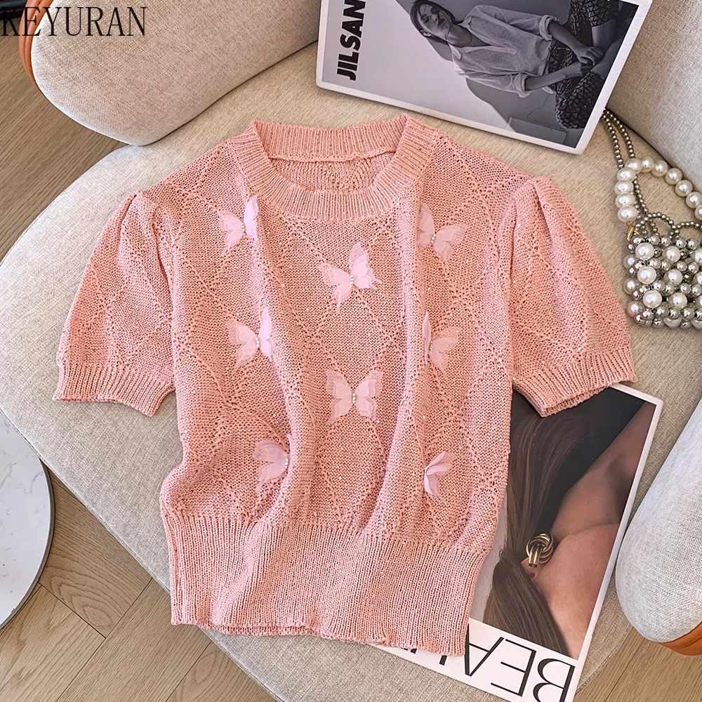 2024 Summer Short Sleeve 3D Butterfly Sweater Women\'s Knitted T-Shirt Vintage Casual Loose O-Neck Versatile Pullover Tops Jumper