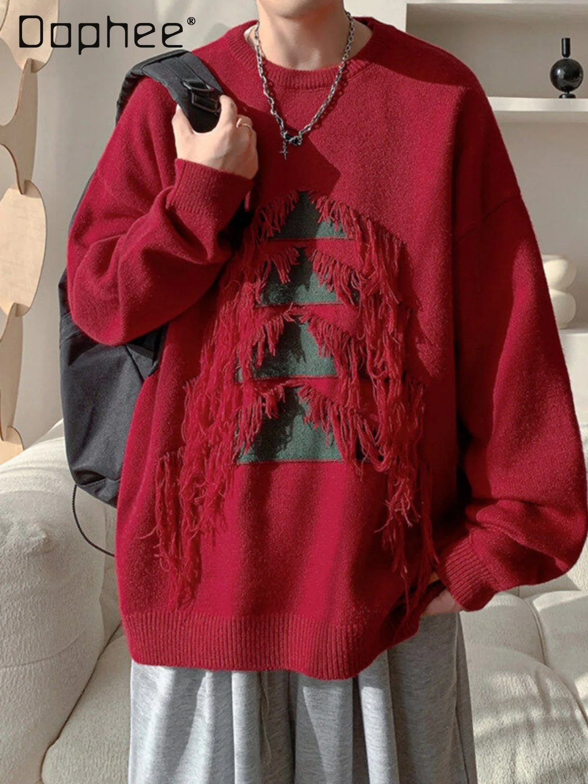Autumn Winter New Hot Sale Men's Wine Red Christmas Tree High-end Tassel Loose Casual Black Pullover Knitted Sweater