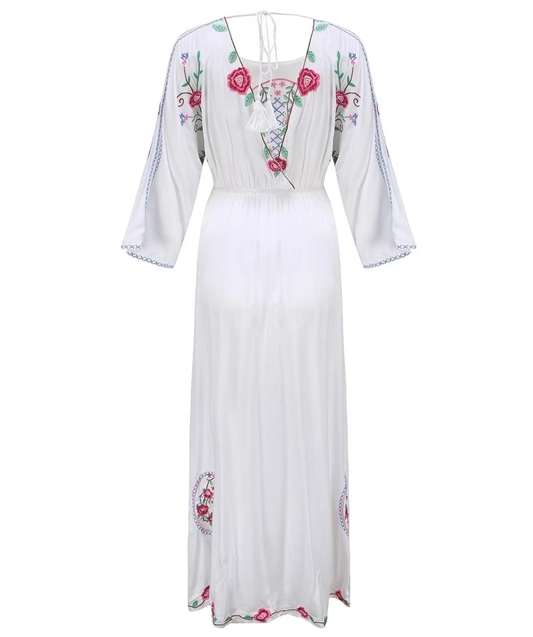 Elastic Waist Both Sides Wearable Maxi Dresses Women Boho Beach Cotton Floral Embroidery Robe Vintage Backless Dress Vestidos