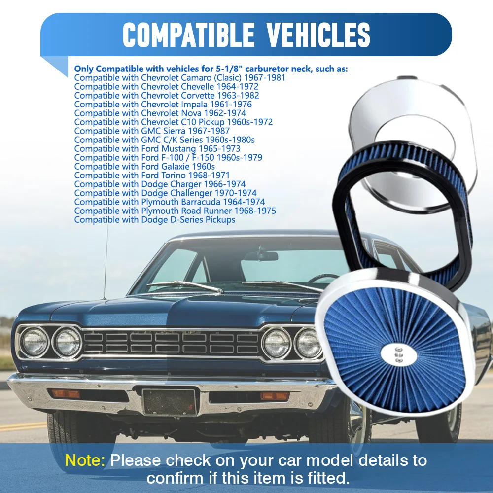 For Chevrolet Camaro Impala GMC Sierra Ford Mustang Torino Dodge Charger Plymouth Barracuda 12" x 2" Oval Air Filter Assembly view 3