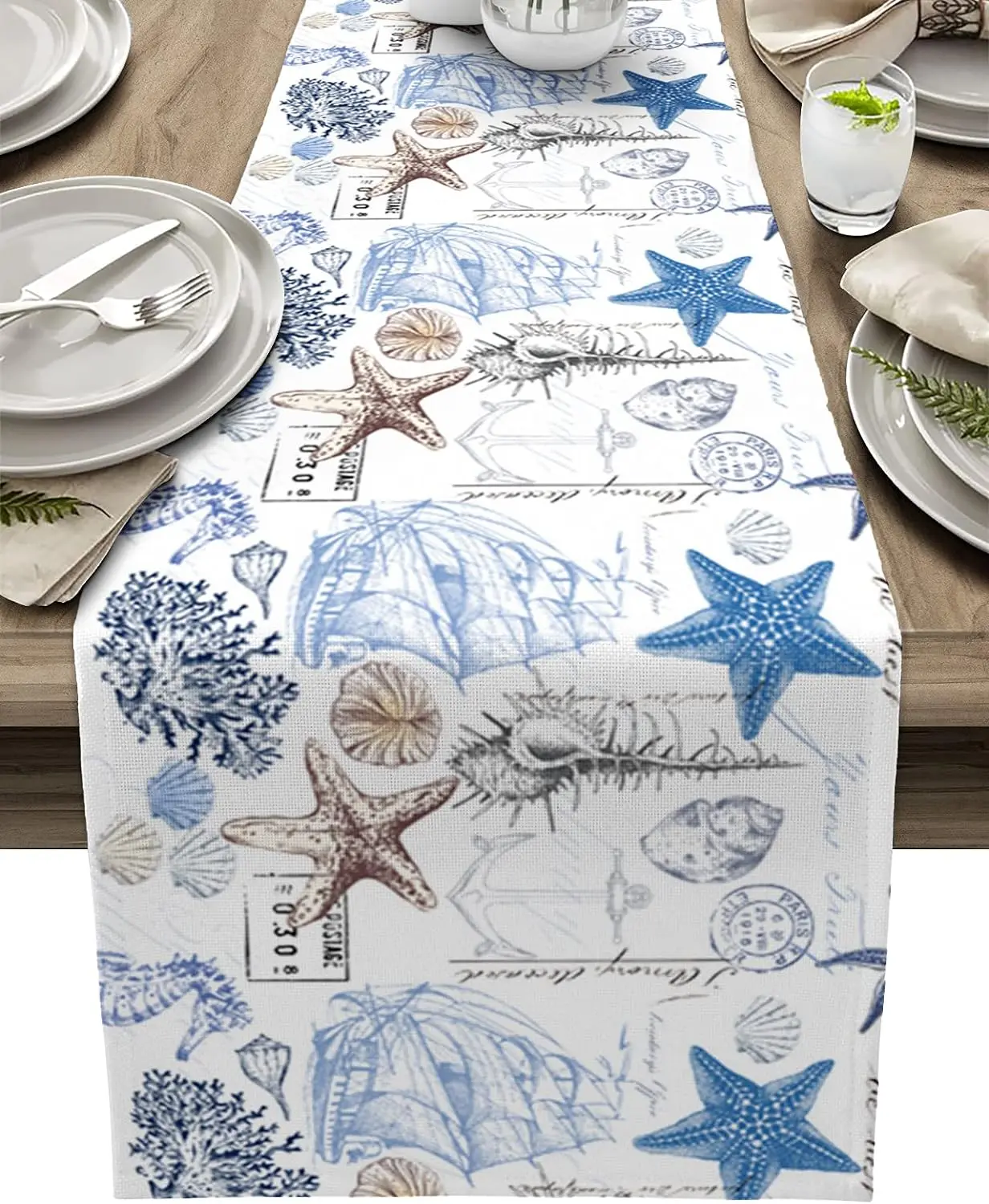 Nautical Undersea Shell Starfish Coral Hippocampus Linen Table Runner Dresser Scarf Table Decor Dinner Table Wedding Party Decor