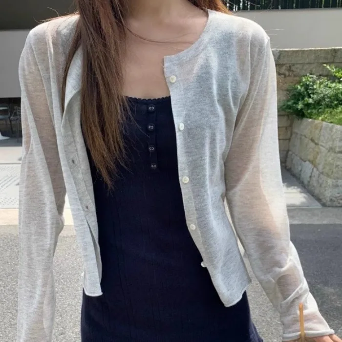 

TheBarnet Summer 2025 Women's Knitted Open Cardigan round Ne Thin Breathable Pure Color Sun Protection Top Qui very