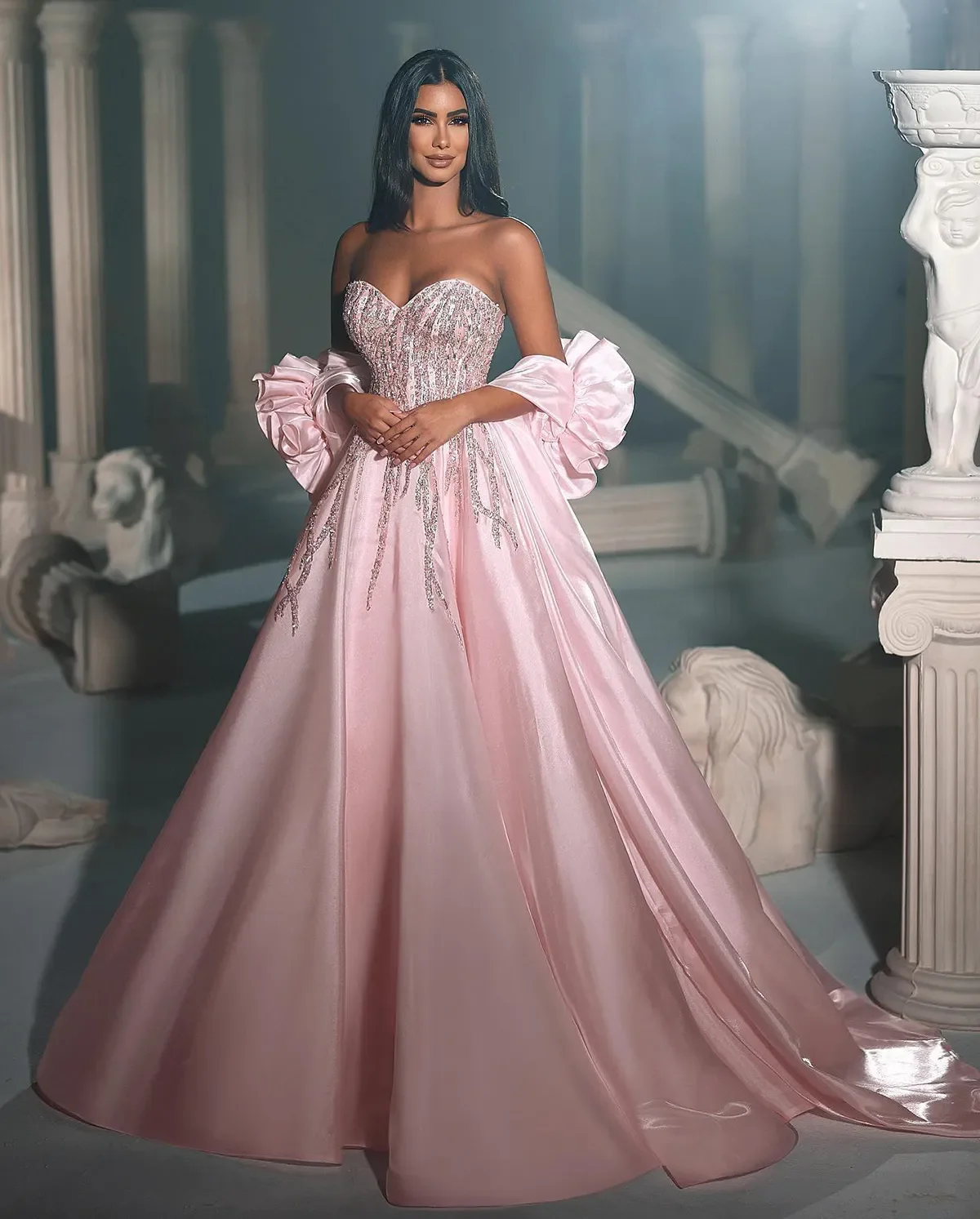 2024 Pink Sweetheart Strapless Wedding Dresses Mexico Princess A Line Satin Glittery Sequins Evening Gowns With Wrist Corsages