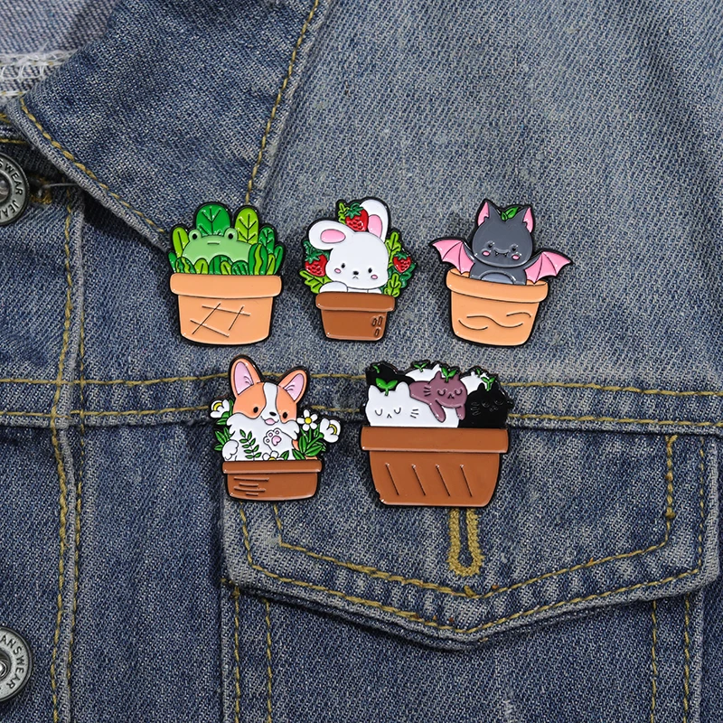 Alfileres esmaltados de animales y plantas, broches de dibujos animados de conejo, gato, perro, Rana, mochila divertida, insignias de solapa, accesorios de joyería, regalos