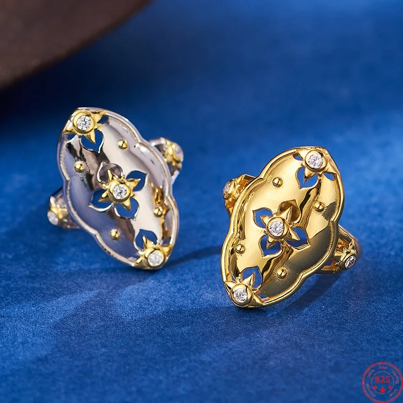 

Кольца из стерлингового серебра S925 для женщин и мужчин, позолоченные полые цветы, инкрустированные цирконом, широкое кольцо в этническом стиле, модные ювелирные изделия, оптовая продажа