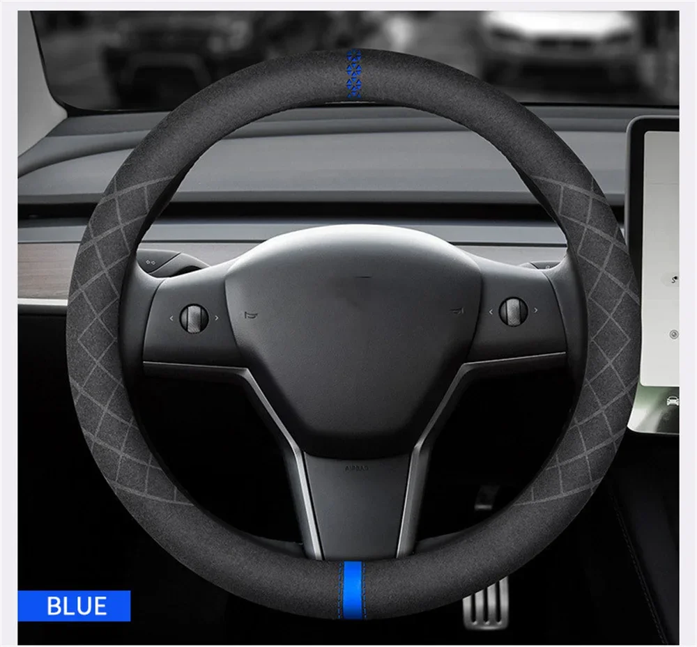 Auto-Lenkradbezug aus Wildleder, 38 cm, rutschfest, atmungsaktiv, universell einsetzbar, Kalibrierungsmarkierung, Autozubehör für Tesla. – Detail 14