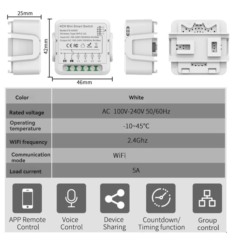 

ABYN-Wifi Relay Switch Module 3 / 4 Channel AC100-240V Work With Alexa Home Mini Smart Switch Module A