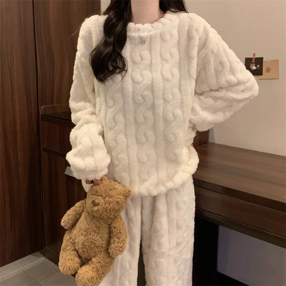 New Thicken Warm Women Pajama Set Soft Cozy Simple Velvet Homewear Set Autumn Winter Thermal Underwear Set Home Wear