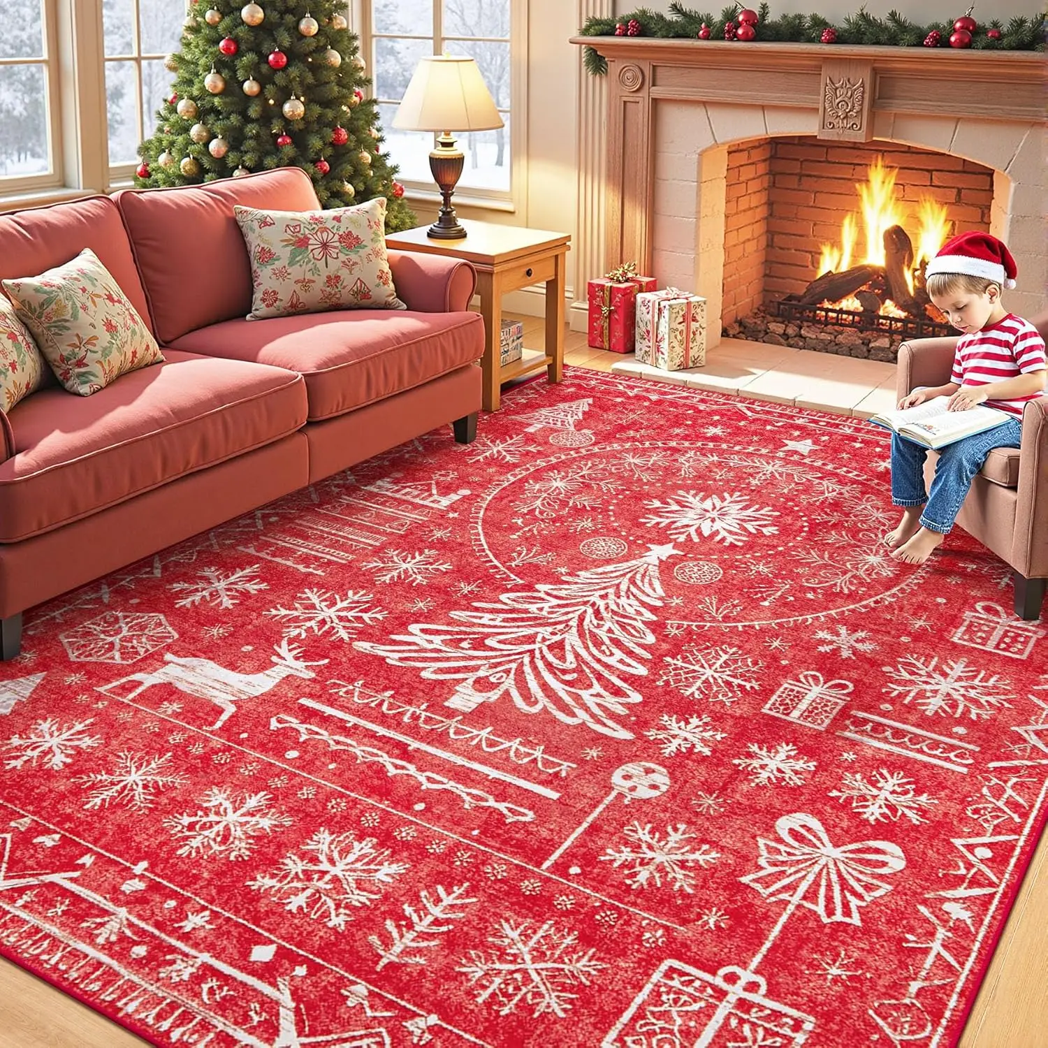

Рождественский коврик для гостиной Большие моющиеся рождественские коврики Бохо Марокканский праздничный ковер Мягкий нескользящий ковер для спальни Обеденная