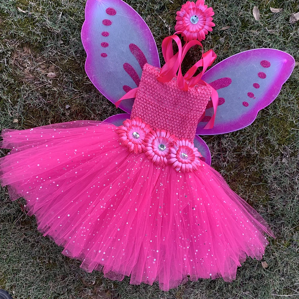 Rosa brilho tule vestido de borboleta para o bebê meninas fadas tutu vestido crianças roupa crianças aniversário dia das bruxas trajes de natal