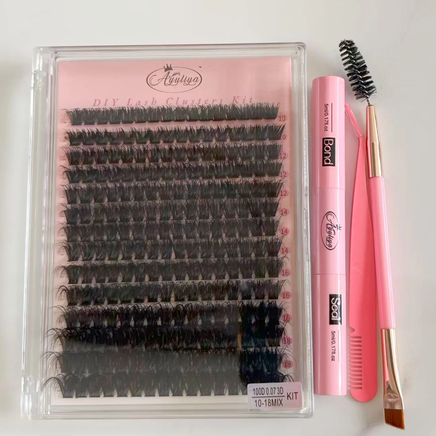 Kit de Cils en Grappes 100D Effet 3D avec Colle, Pince à Épiler, Brosse, Bande Fine, 10-18mm Mixte, Naturel, Effet Wispy, Courbure 3D Co