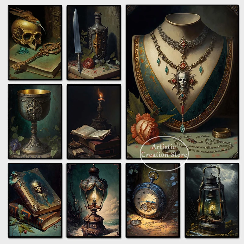 Chalice Moody Vintage Dark Academia Goth Halloween Print Canvas Painting Wall Pictures Living Room Magical Fantasy Home Decor