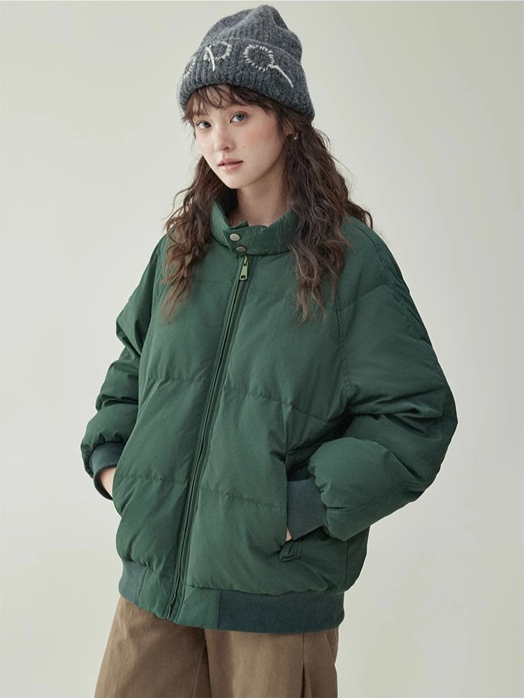 Women's Winter Solid Stand Collar Puffer Jacket Warm Loose Fit Cotton Coat with Zip-Up Closure Oversized Quilted Outerwear