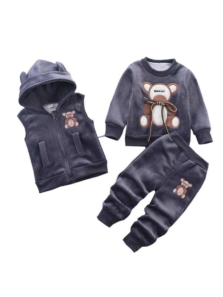 Hooded Vest+Sweater+Pants 3Pcs Suit Winter Warm Velvet Plush Cartoon Bear Kid Toddler Set Boys Girls Autumn Casual Clothes 1-4 Y