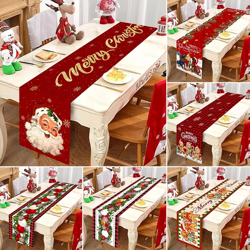 ﻿ Christmas Table Runner Christmas Decorations Cute Cartoon Santa Claus Gingerbread Man Table Cover New Year's Decor Tablecloth