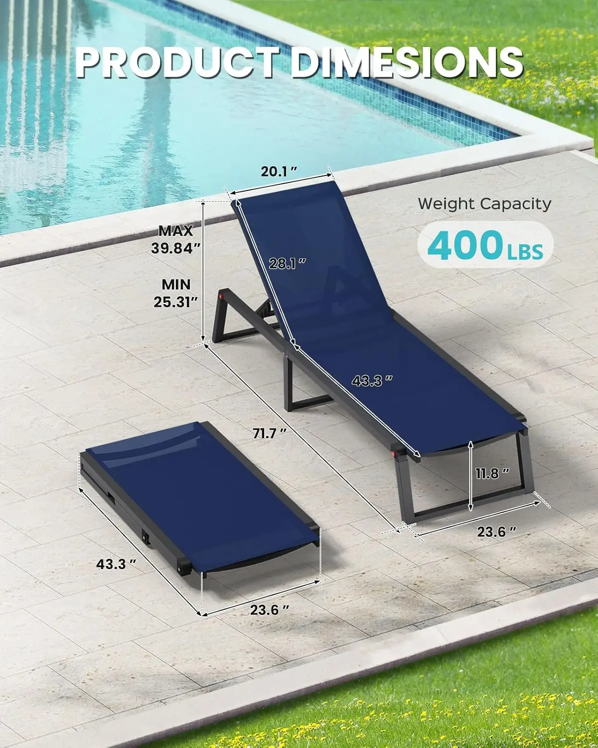 Aluminum Outdoor Chaise Lounge, Foldable 5-Position Recliner for Patio Poolside, Navy 2 Pack, Customized