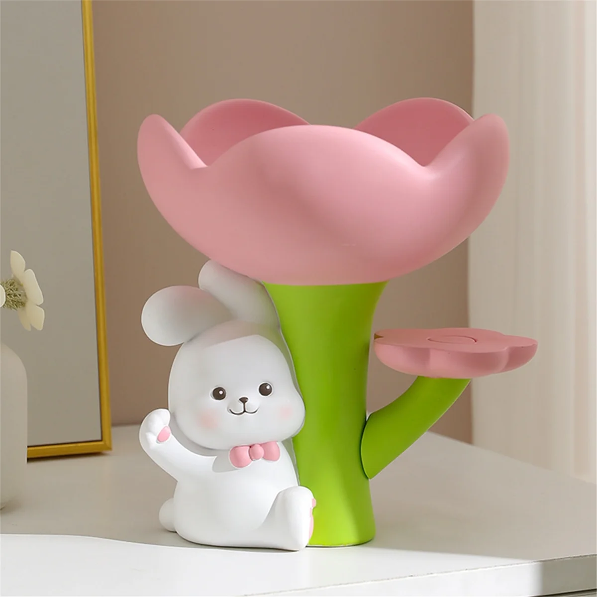 Cute Bunny Flower Entrance Key Storage Tray Household Decor Rabbit Statue Jewelry Bowl Animal Key Holder Desk Tray