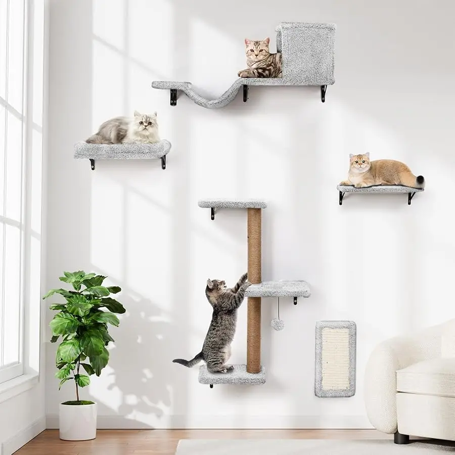 

5-in-1 Cat Wall Shelves, Multi-Level Cat Climbing Furniture, Perch & Lounge for Indoor Cats, Space-Saving Wall Mounted Shelves f
