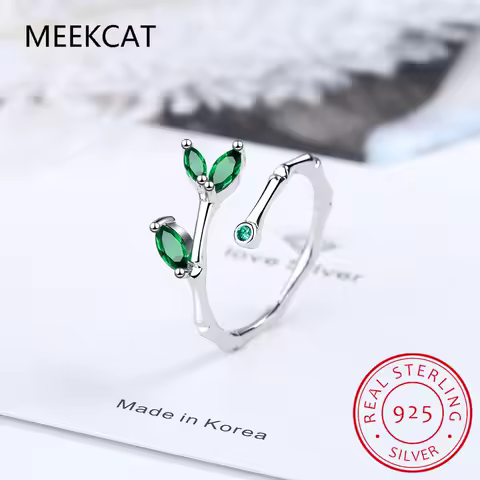 Leaves Simulated Nano Emerald 925 Sterling Silver Slub Open Ring for Women Statement Green Gemstone Fine Jewelry Anillos