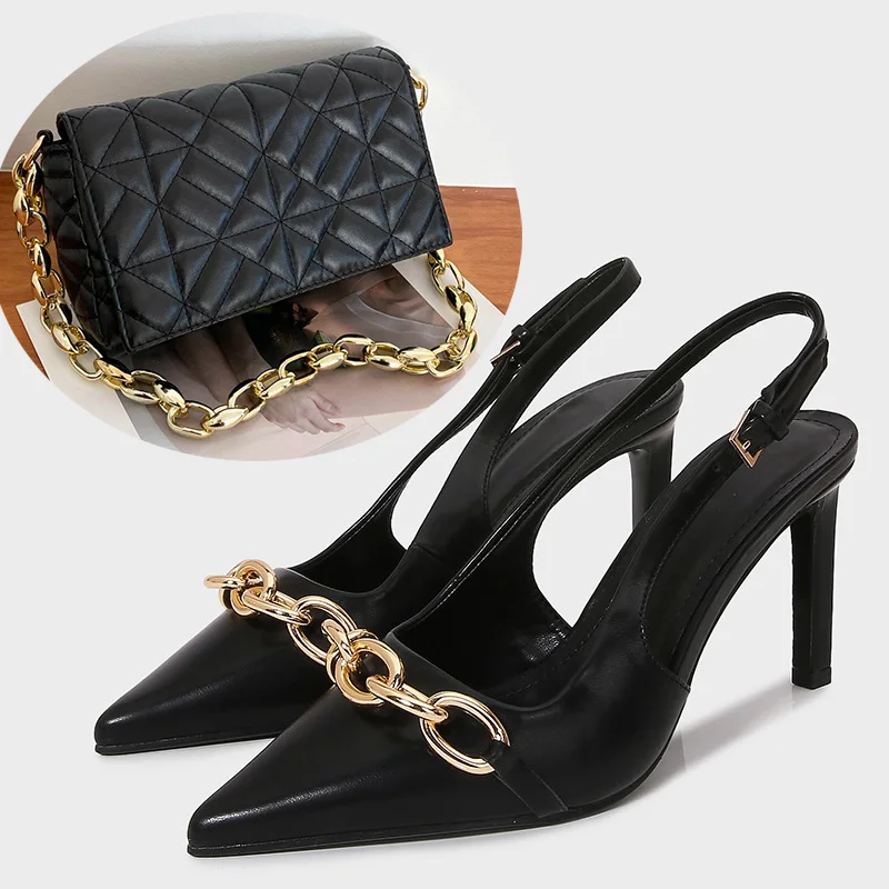 

New Spring 2025 Women's Shoes Metal Chain Heel Sheepskin High Heels Pointed Fine Tailored Shoes Fashion Single Shoulder Bag Set