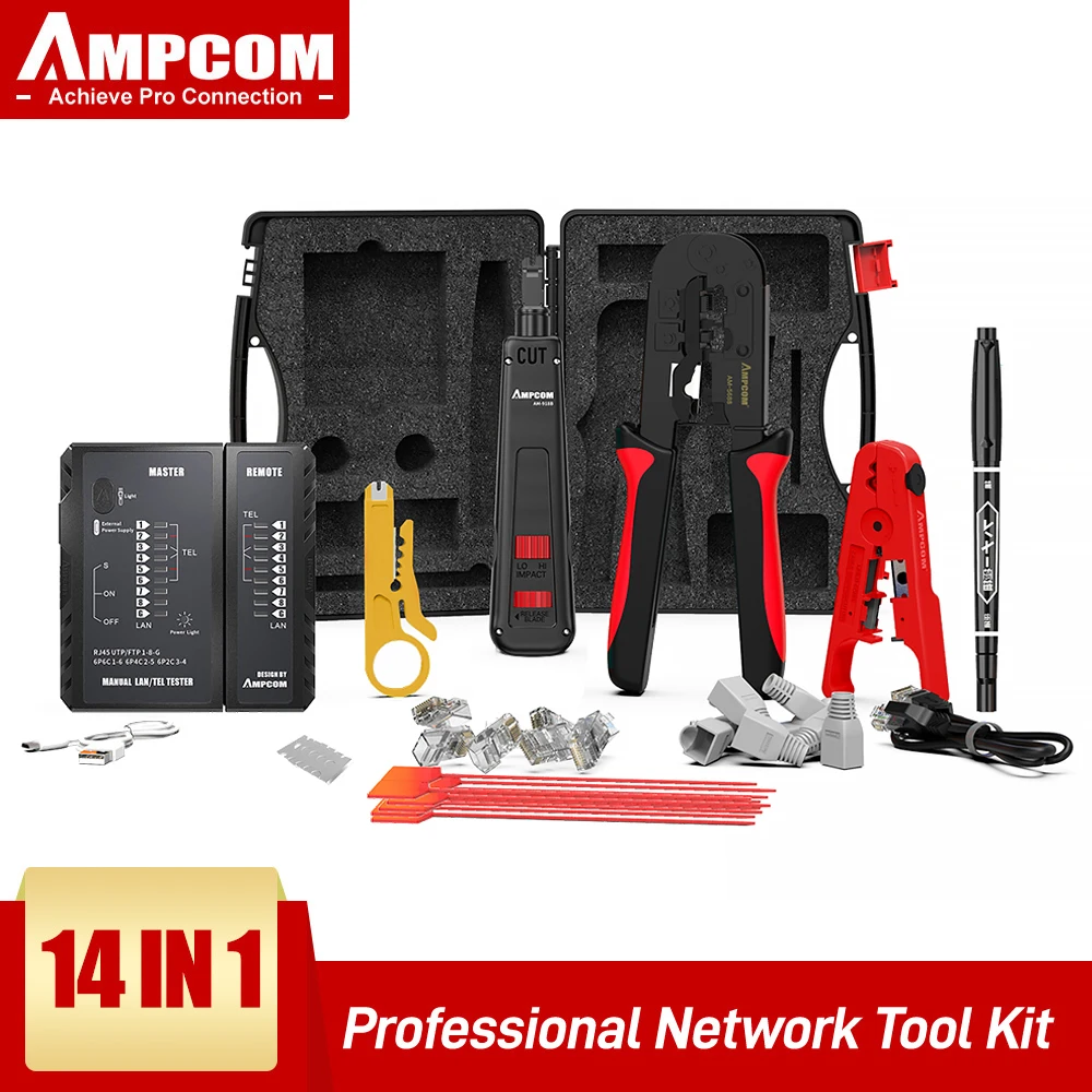 AMPCOM-Kit de herramientas de red, probador Lan RJ45, crimpadora Cat6 CAT5E, conectores RJ11, herramienta de perforación, pelacables, alicates, Cable Ethernet
