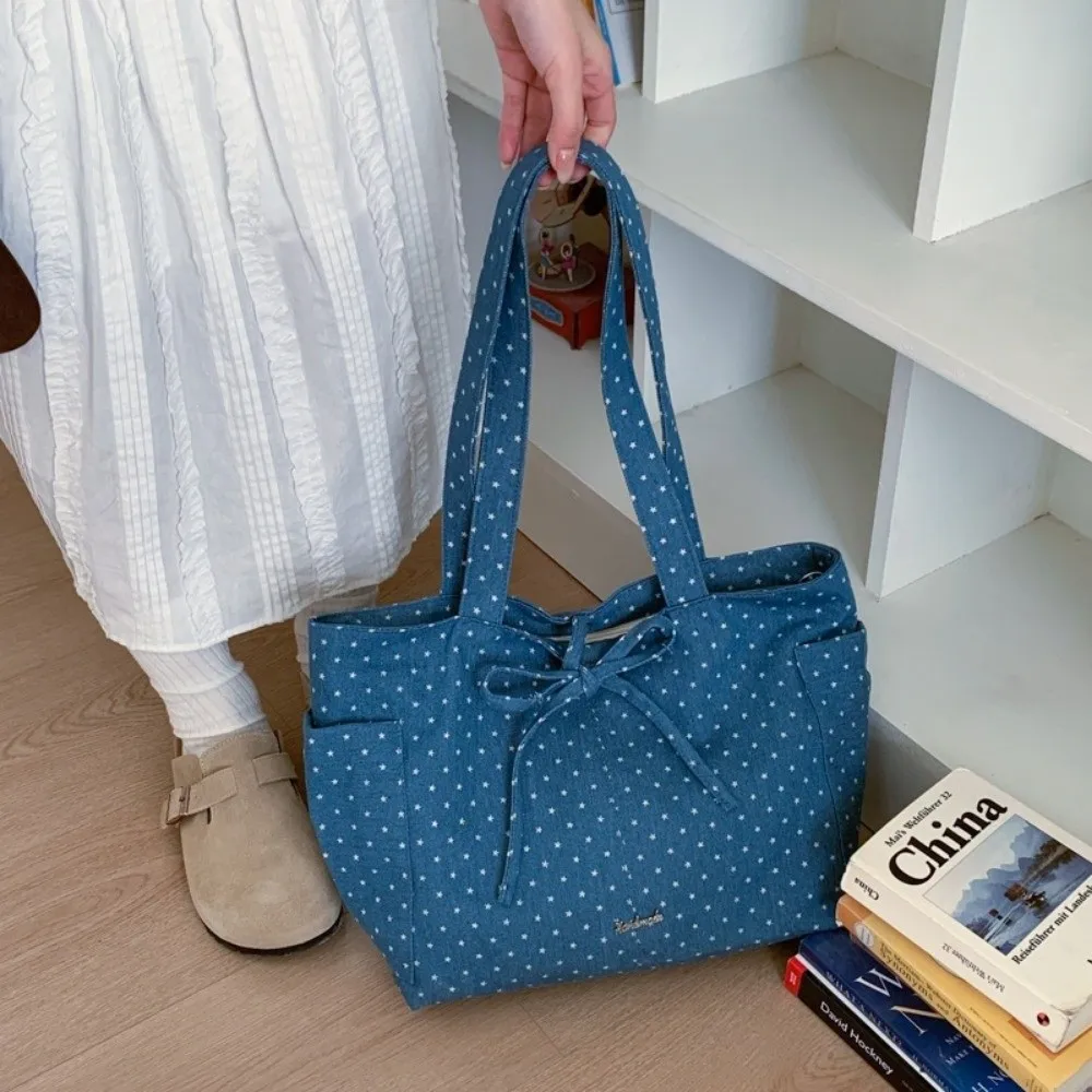 

Retro Korean Style Polka Dot Shoulder Bag Large Capacity Casual Bow Tote Bag Canvas Star Element Women Handbag Spicy Girl