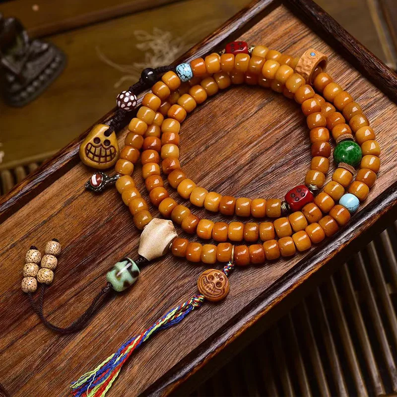Yak barrel 108-piece Buddhist prayer beads multi-loop bracelet with camel bone three-way connector accessory