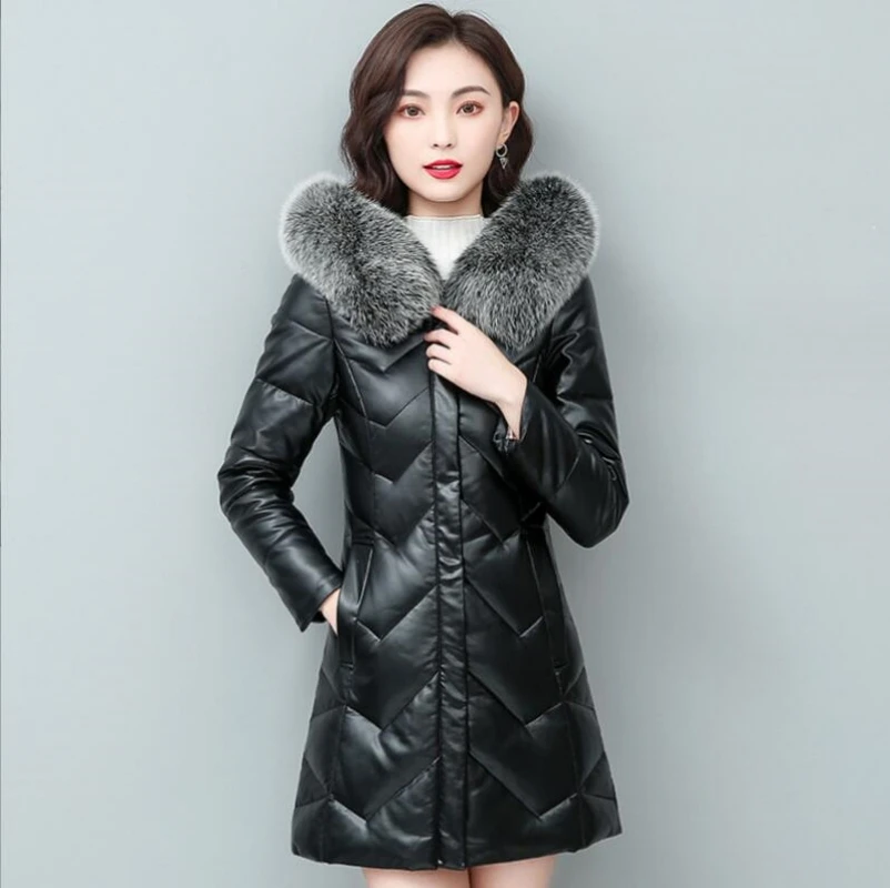 Winter Women Warm Sheepskin White Duck Down Jacket Hood Puffer Coat Fox Fur Collar Thick Luxury Outerwear real Leather Coats