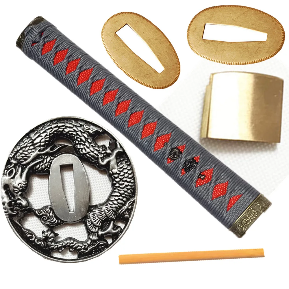 A Set Japanese Ninja Sword Samurai Katana Wakizashi Tanto DIY Metal Fittings Dragon Tsuba+Menuki+Fuchi+Kashira+Handle+Habaki+Sep