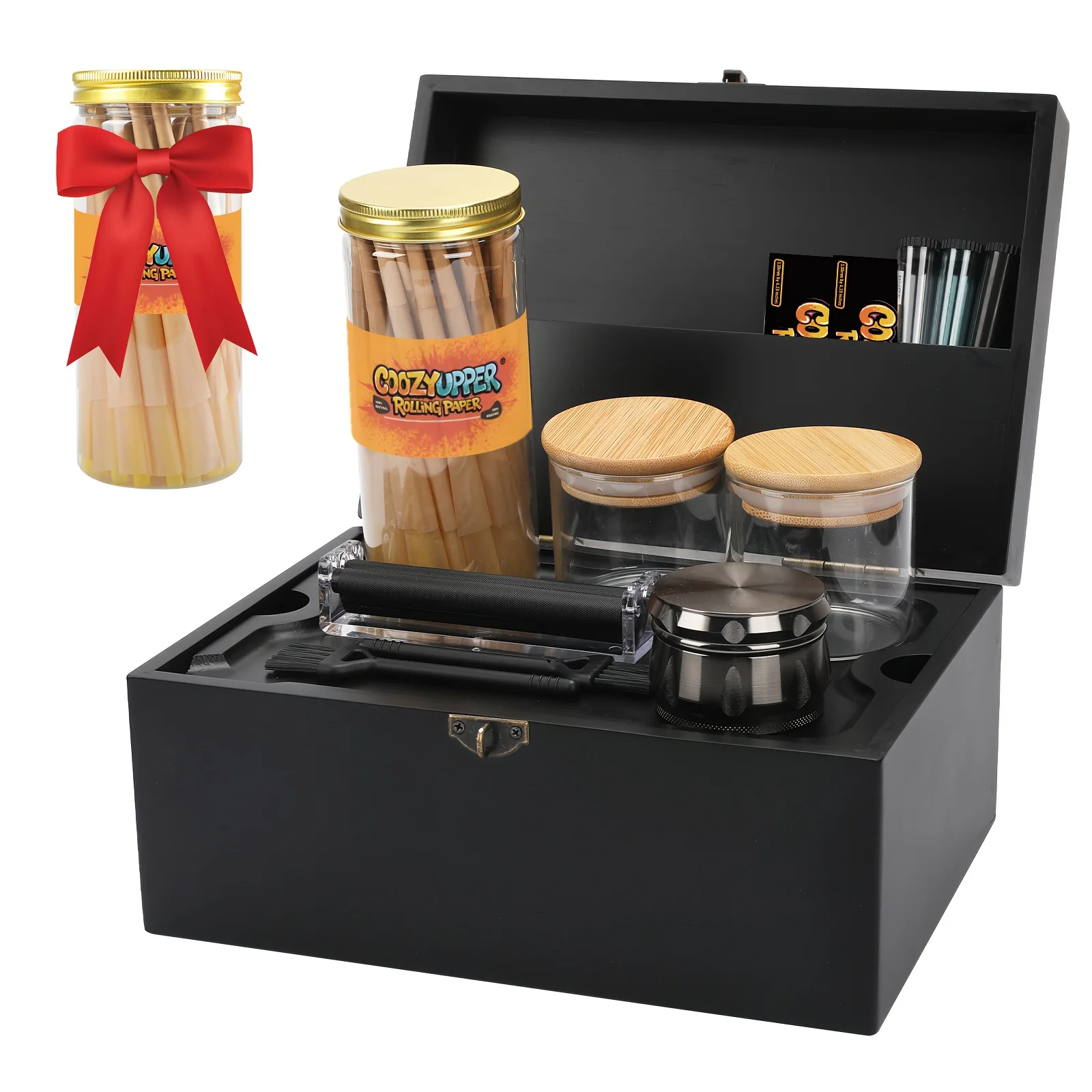 

[Large Black Bamboo Storage Box] Large Bamboo Storage Bins | Smell-Proof Design & Detachable Compartments - Includes Glass Jars,