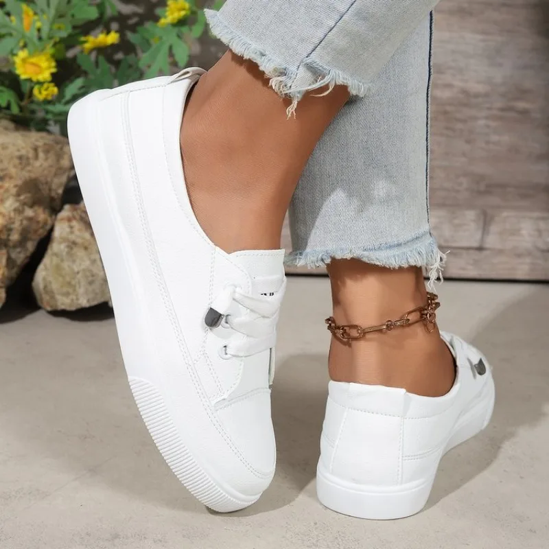 Women's Sneakers Round Toe Casual Flat Shoes Textured Upper Slip-On Design Ribbed Outsole Metallic Lace Detailing for Daily Wear view 4