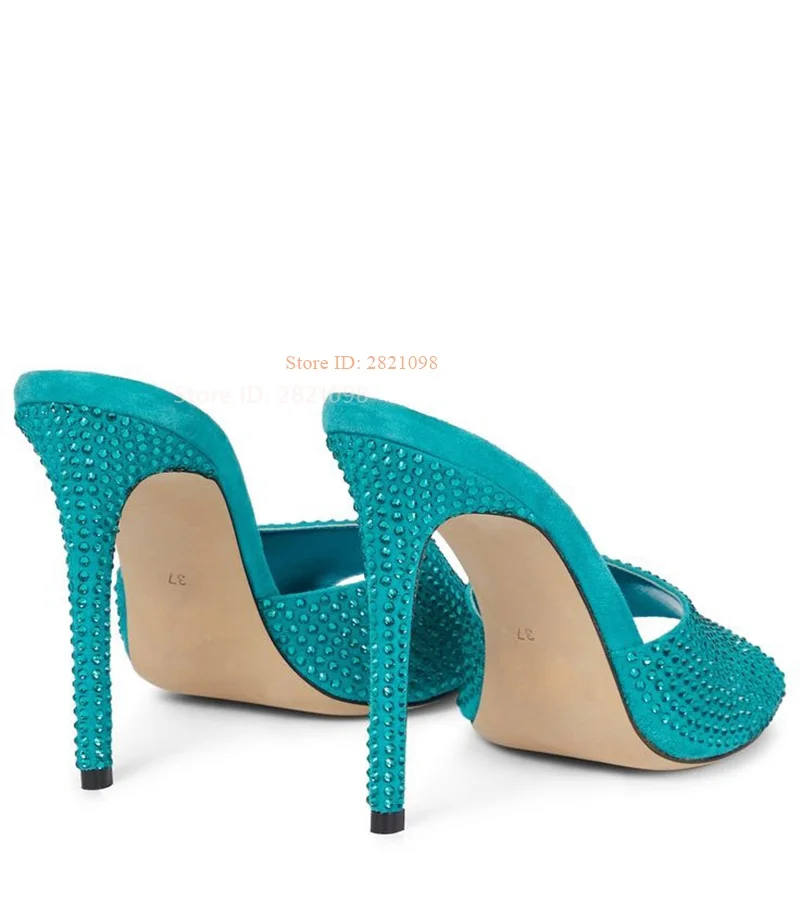 Light Blue Crystal Holly Embellished Suede Thin Heeled Sandals Slip On Shiny Women High Heel Open Toe Summer Dress Shoes