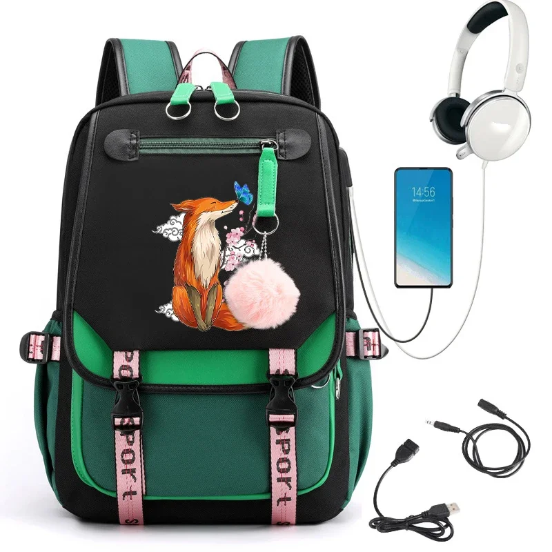 Fox Anime Mochila para Meninas, Bolsa de escola, Bagpack para Adolescente, Porta USB, Mochilas de Viagem para Laptop