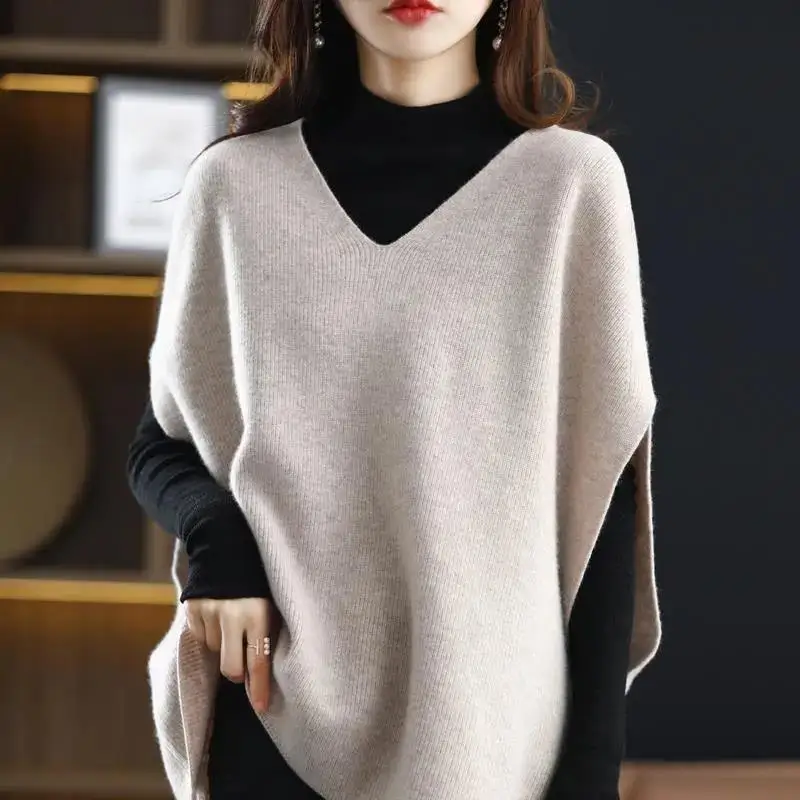 Stylish Korean Loose Knitted Sweater Vest Autumn Winter Sleeveless Female Clothing Casual V-Neck All-match Solid Color Jumpers