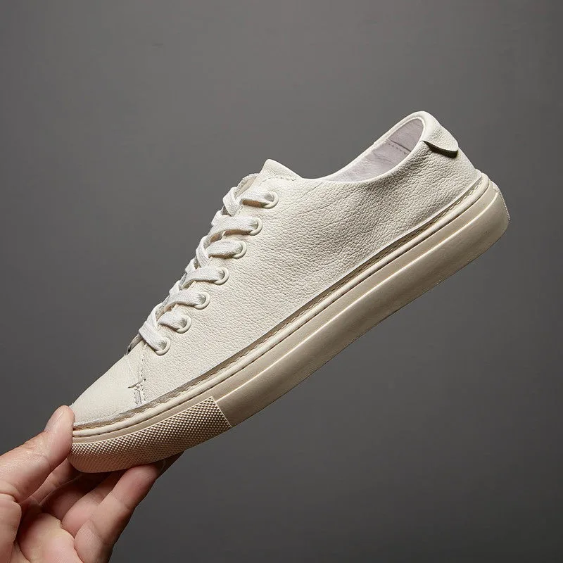 

Spring New Genuine Leather Men's Shoes Sports Casual Cowhide Breathable White Fashion Trendy Leather Shoes Male Sneakers