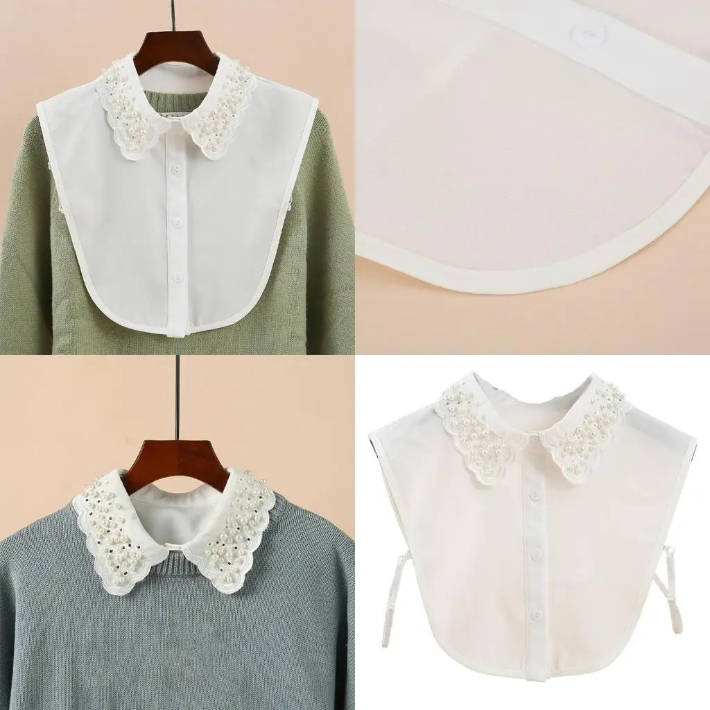 R1WE สไตล์เกาหลีเลียนแบบมุกลูกปัดคอปกสำหรับผู้หญิงที่ถอดออกได้เสื้อคลุมสีขาวออกจากสแกลลอป