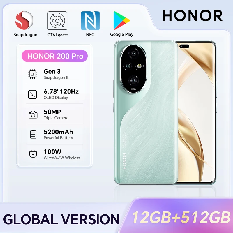 HONOR 200 Pro, 12GB+512GB, 6.7”, 5G, Dual SIM, 50MP Triple Camera, Fast Charging, Android Smartphone