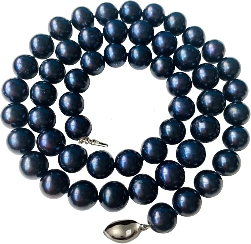 

Real 10-12mm Black Blue Pearl Necklace for Women Jewelry 925 Sterling Silver Genuine Wedding Anniversary Birthday Gift Strand