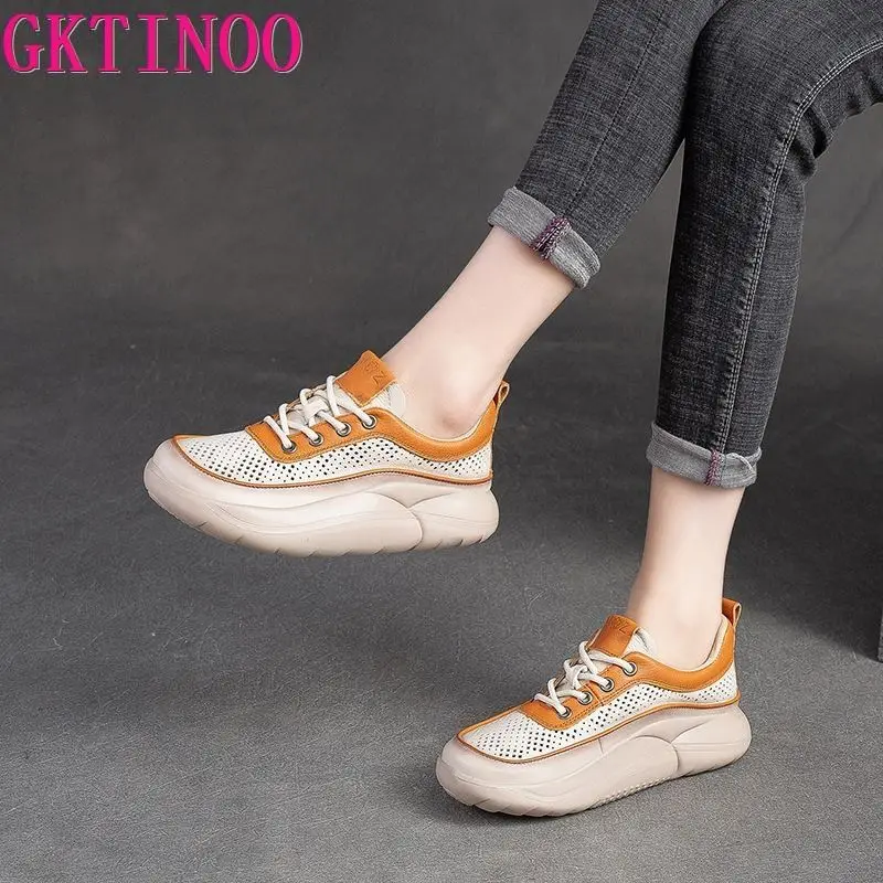 GKTINOO Hollow Sandals Women Sneakers Genuine Leather Shoes Thick-soled 2025 New Handmade Comfortable Retro Platform Sneakers