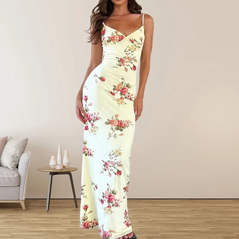 Summer Camisole Dress Sleeveless V-neck Pullover A-line Skirt with Plant Flowers Summer Dress