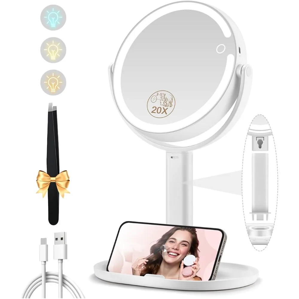 

Makeup Mirror with A Light, Double-sided 1x/20x Magnification, Rechargeable, with 3 Color Lights and Adjustable Brightness