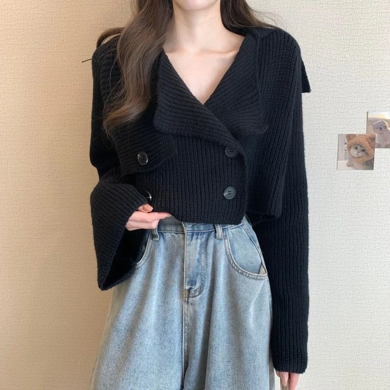 

2025 Spring Autumn Women's French Lazy Style Collared Long Sleeve Sweater - Short Knitted Cardigan Unique Trendy All-Match Top