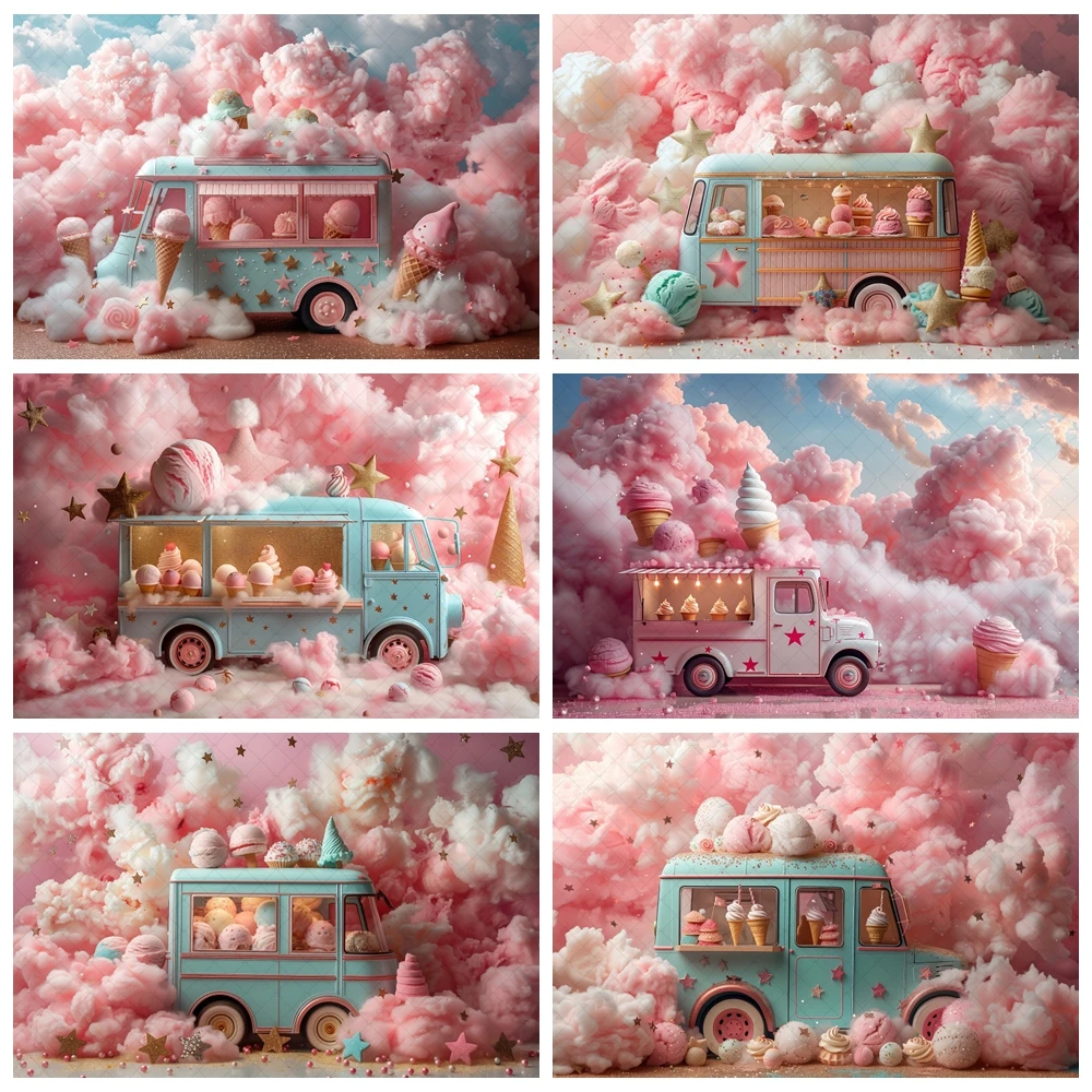 Ice Cream Truck Girls Studio Cake Smash Background Pink Cloud Decoration Sweet Birthday Party Backdrop Newborn Photoshoot Photos