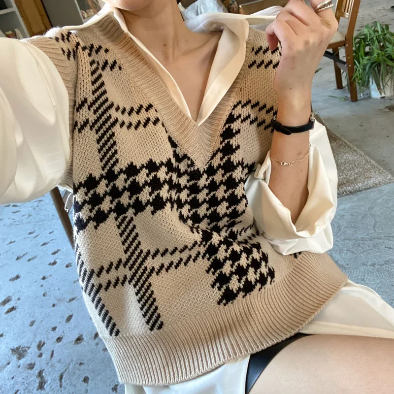 اسكواش houndstooth مخطط سترة سترة المرأة الخامس الرقبة محبوك تانك القمم أكمام الدبابات عادية تريكو الشتاء الخريف #1