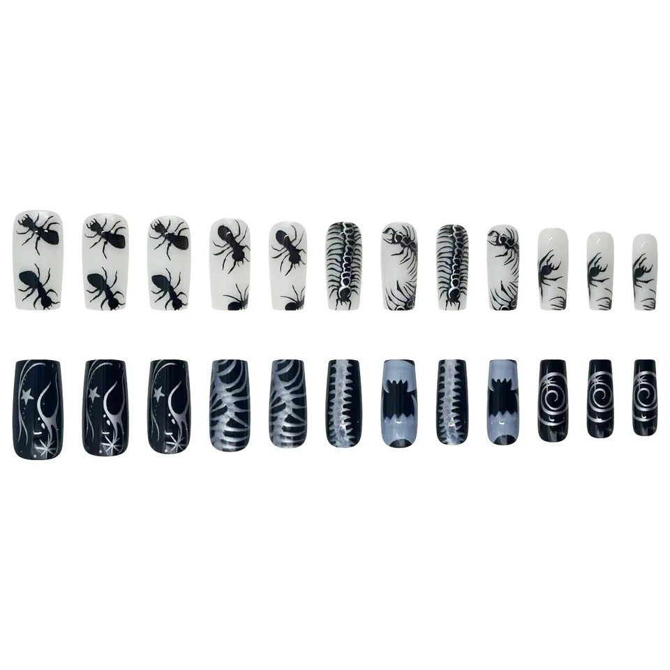 24 uñas postizas estilo Thriller con patrón de insectos de Halloween, press-on, negras punk, decoración de arte de uñas 4