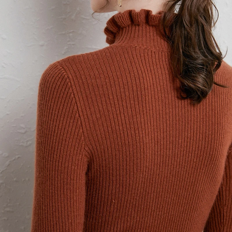 Rimocy Chic High Collar Ruffles Sweaters for Women Autumn Winter Long Sleeve Knitted Jumper Woman All Match Slim Fit Pullovers