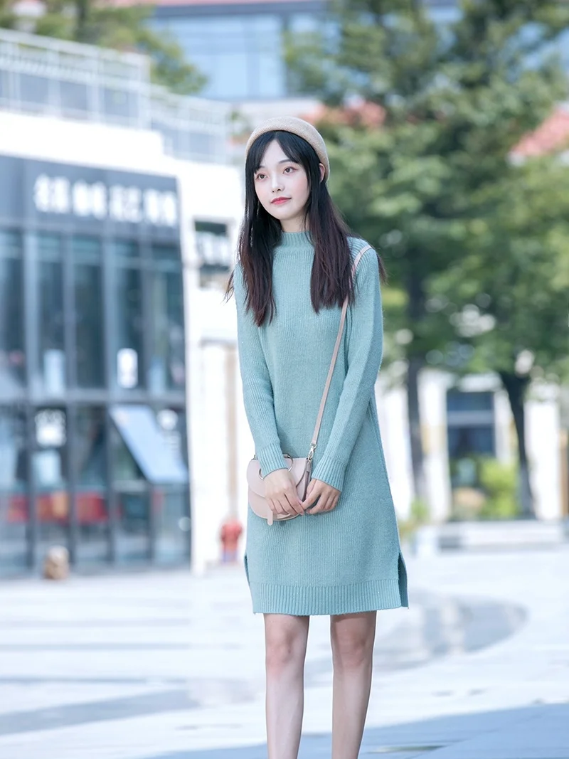 

Spring Autumn Women's Loose Long Sve Knitted Sweater f High Collar Midi Length Base Layer irt Slimming Effect Pure Color