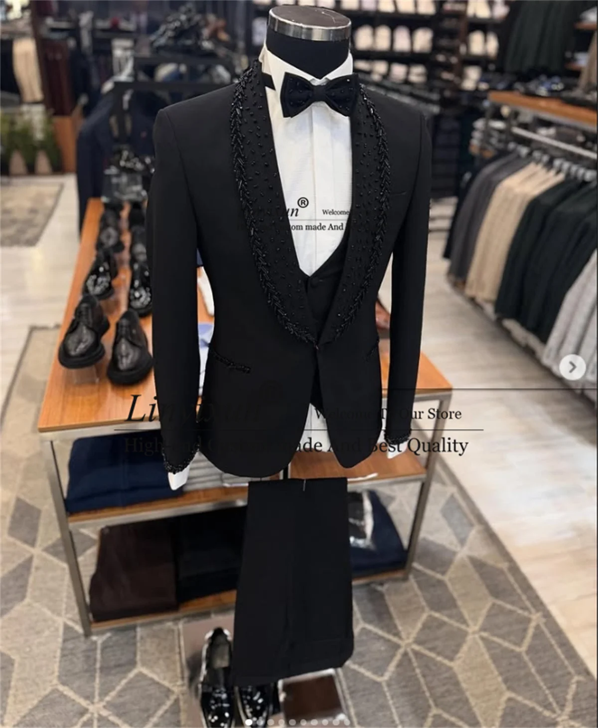 Sparkly Jewelry Beaded Men Suits 2 Pieces Sets Wedding Groom Tuxedo Customized Male Party Blazers Shawl Lapel trajes para hombre
