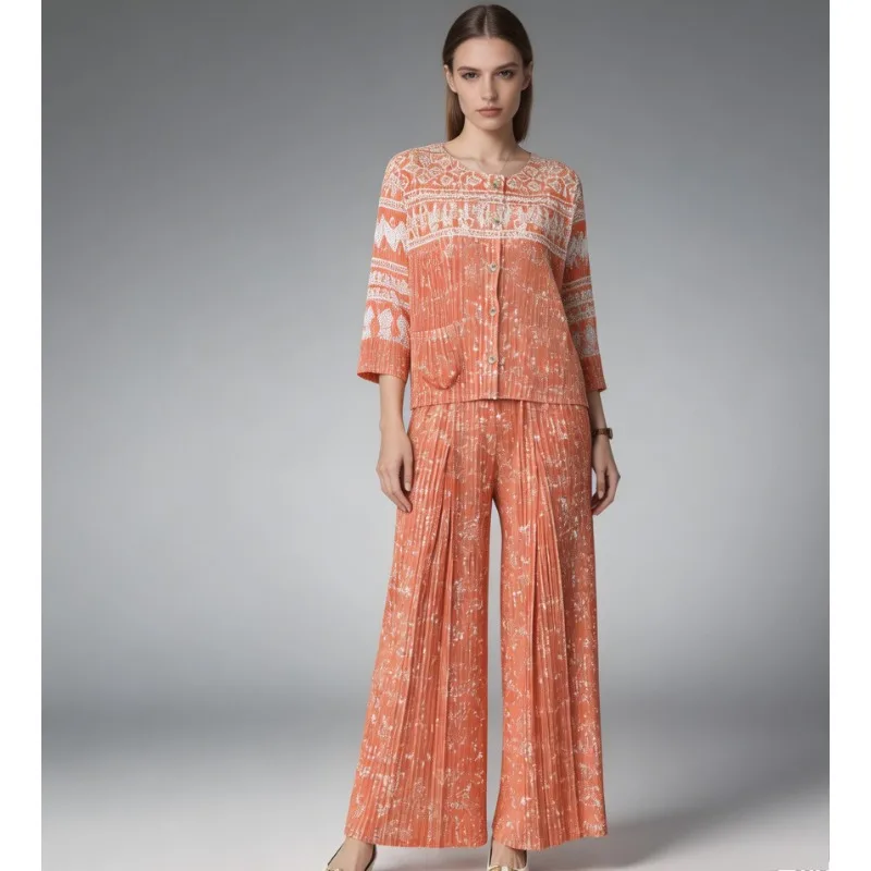 

Miyake Pleated Long Suit Plisse 2026 Retro Print Suit Loose Fashion Casual Plus Size New Pleats Two-Piece Fold Trousers Set